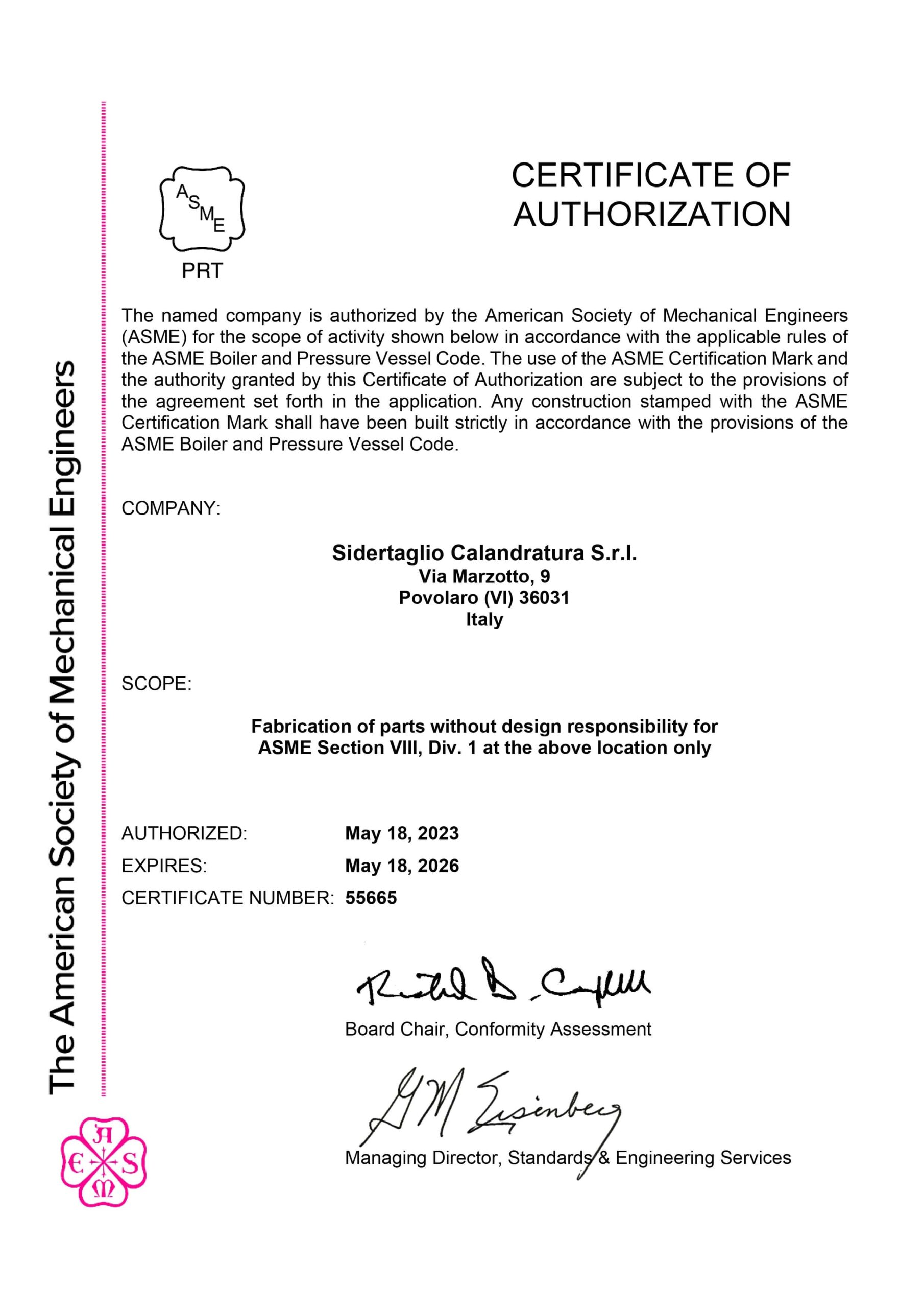 Documento di certificazione ASME Section VIII di.1